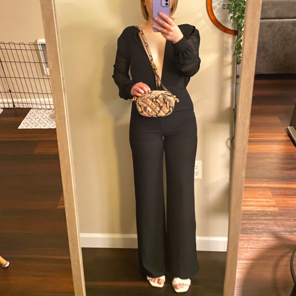 Black Plunge Neck Jumpsuit Romper Chiffon Long Sleeve Women's Size Small